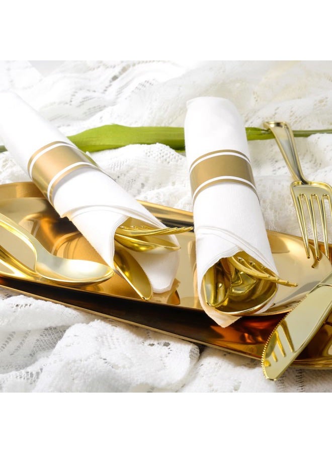 73Hours Pre Rolled Gold Plastic Silverware, 100 Packs Pre Rolled Napkins and Cutlery Set, Disposable Rolled Cutlery with 100 of Forks, Knives, Spoons and Napkins for Party (100, Gold) - Image 2