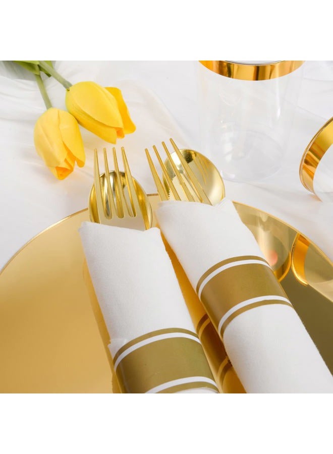 73Hours Pre Rolled Gold Plastic Silverware, 100 Packs Pre Rolled Napkins and Cutlery Set, Disposable Rolled Cutlery with 100 of Forks, Knives, Spoons and Napkins for Party (100, Gold) - Image 5