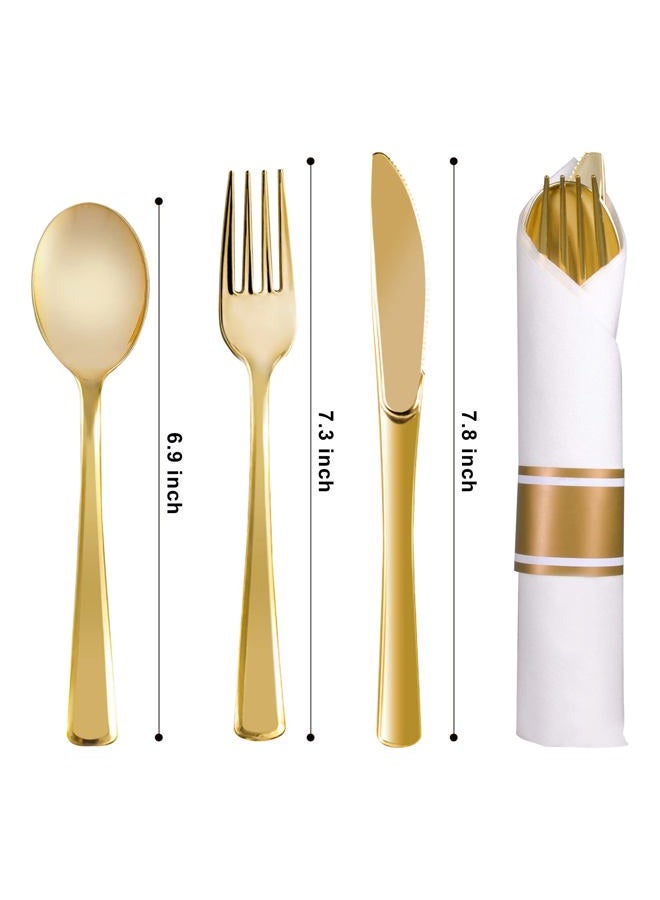 73Hours Pre Rolled Gold Plastic Silverware, 100 Packs Pre Rolled Napkins and Cutlery Set, Disposable Rolled Cutlery with 100 of Forks, Knives, Spoons and Napkins for Party (100, Gold) - Image 3