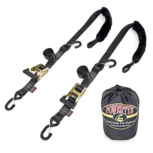 PowerTye 1.5in x 7ft Rubber Handle Ratchet Straps with SHEEPTEX Synthetic Sheepskin Soft-Tye w/Heavy Duty Latch-Hooks - 1,200 lb. WLL / 3,600 lb. Breaking Strength - Made in USA, Black (Pair) - Image 1