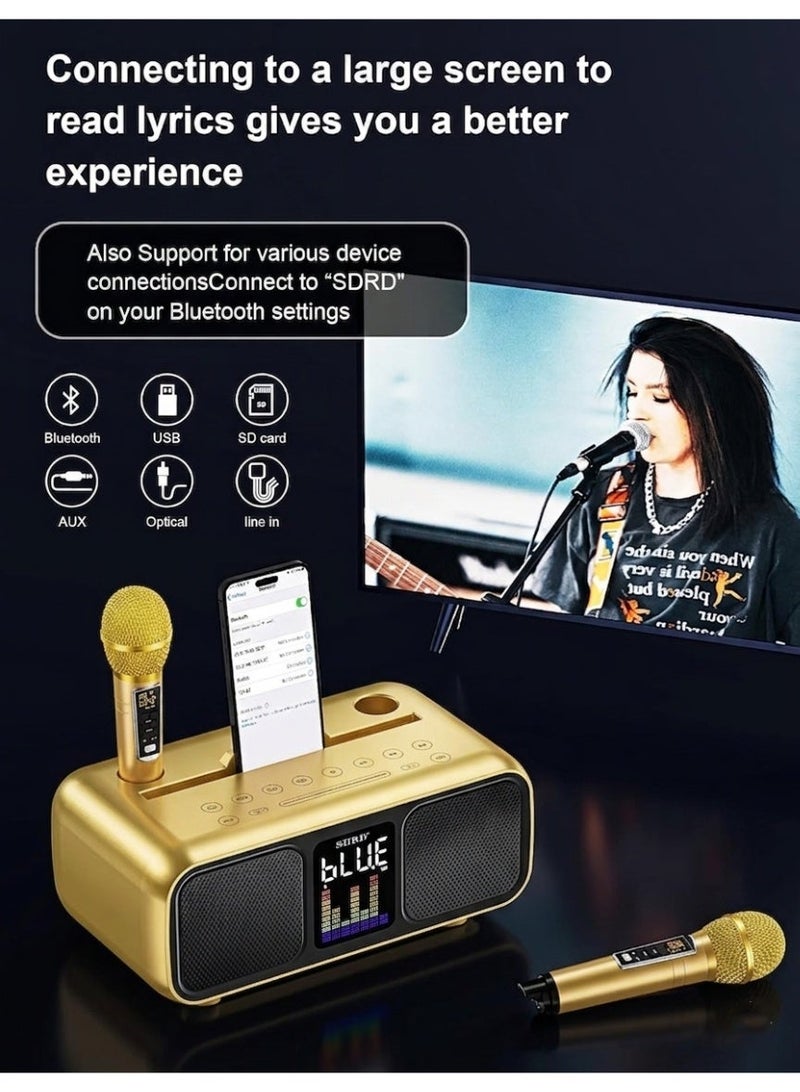 سدرد جهاز كاريوكي محمول مزود بميكروفونين لاسلكيين، وشاشة LED، وسماعة بلوتوث. يدعم منافذ AUX/USB/Type C/بطاقة TF. مثالي للاستخدام المنزلي، والحفلات، والأنشطة الخارجية. مناسب للأطفال والكبار. - Image 2