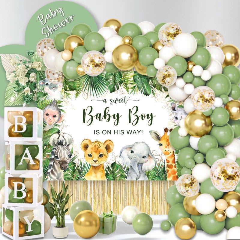 Andrain 140PCS Safari Jungle Baby Shower Decorations, Safari Baby Shower Supplies, Sage Green Balloon Garland Kit, BABY Boxes, Backdrop Banner - Image 1