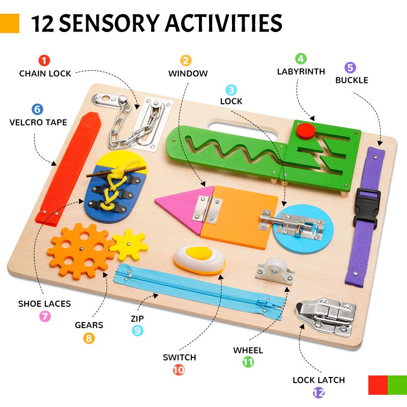 ABERLLS Montessori Busy Board for Toddlers, Wooden Sensory Toys, Preschool Learning Activities for Fine Motor Skills Travel Toy, Basic Life Skills Educational Gifts for 1 2 3 Years Old Kids Boys Girls - Image 3