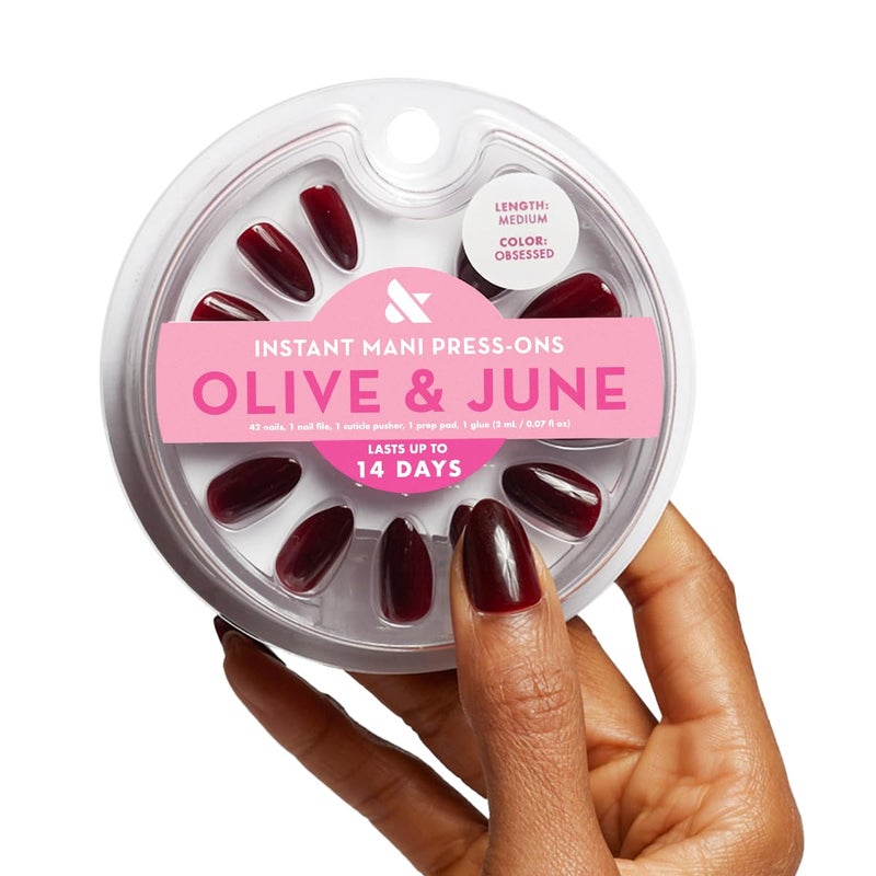Olive & June Instant Mani Press-On Nails (Glue) | 42 Fake Nails, 21 Sizes | Non-Toxic, Long-Lasting Recycled Materials Realistic Look | Salon-Quality at Home | Medium, Almond | Obsessed - Image 1