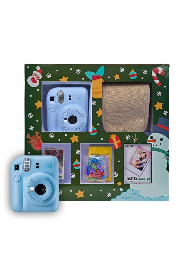 Instax Mini 12 Christmas Gift Box – Blue Instant Mini 12 Camera with Brown Case, White Mini Film, Photo Frame, Pegs and Batteries – Perfect Christmas Gift for Kids, Teens, and Adults - Image 1