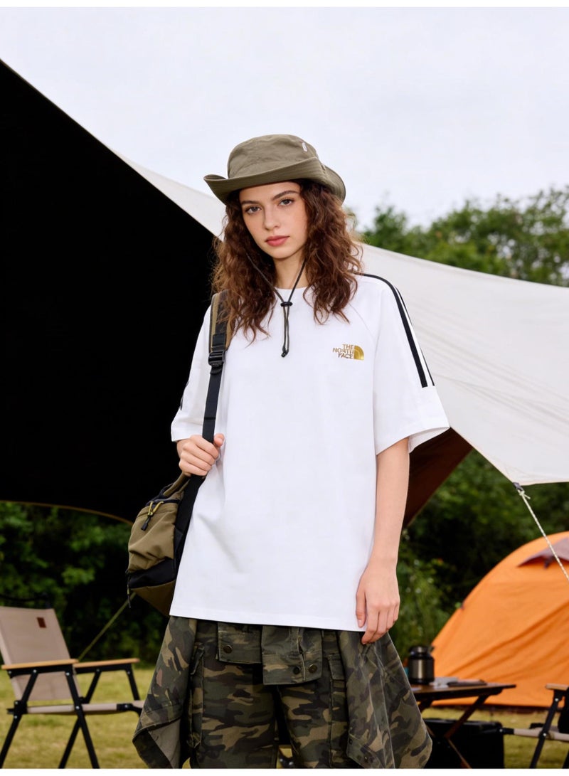 ذا نورث فيس THE NORTH FACE T-shirts for men and women, high-grade cotton loose short sleeves, classic logo three-dimensional logo, retro street clothes for men and women. Shoulder striped short sleeve design - Image 2