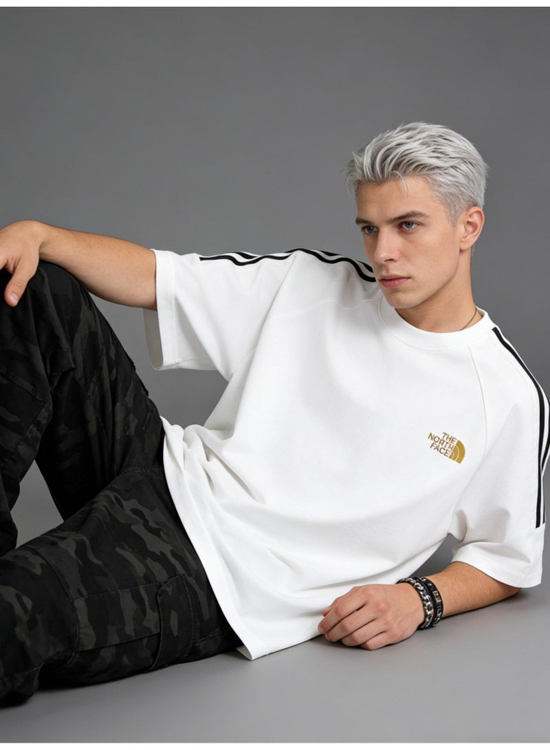 ذا نورث فيس THE NORTH FACE T-shirts for men and women, high-grade cotton loose short sleeves, classic logo three-dimensional logo, retro street clothes for men and women. Shoulder striped short sleeve design - Image 4