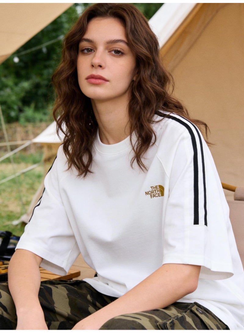 ذا نورث فيس THE NORTH FACE T-shirts for men and women, high-grade cotton loose short sleeves, classic logo three-dimensional logo, retro street clothes for men and women. Shoulder striped short sleeve design - Image 1