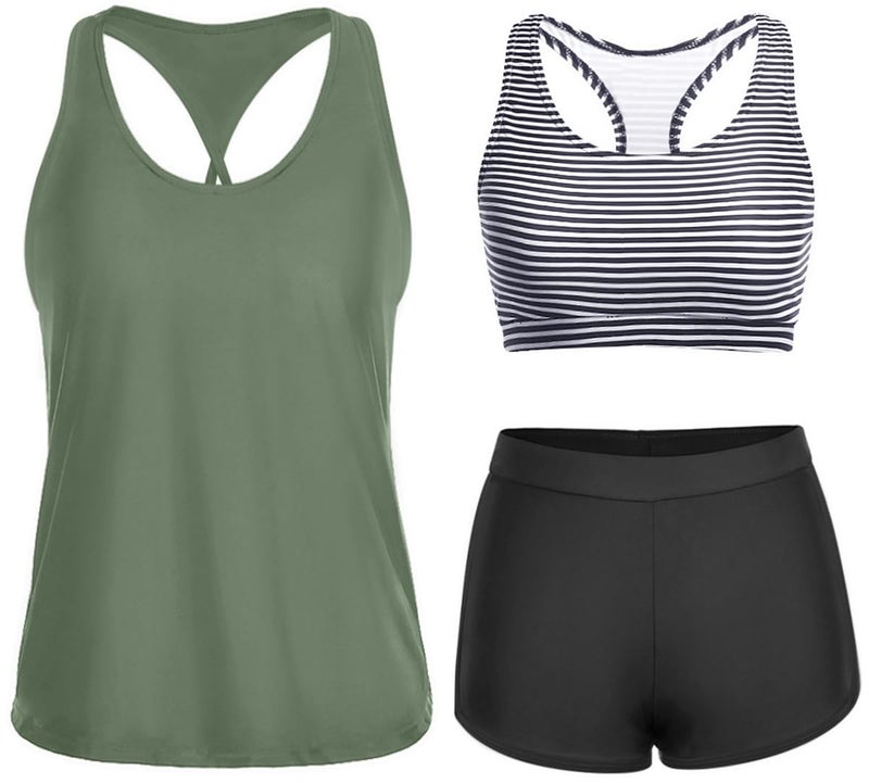 Yonique 3 Piece Athletic Tankini Swimsuits for Women with Shorts Swim Tank Tops with Sports Bra and Boyshorts Bathing Suits M Green and Stripe
