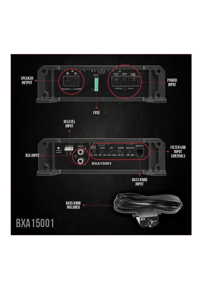 Belva BXA15001 1500W Peak BX-Series 2-Ohm Stable Class-A/B Monoblock Car Audio MOSFET Amplifier with Remote Subwoofer Level Control - Image 2