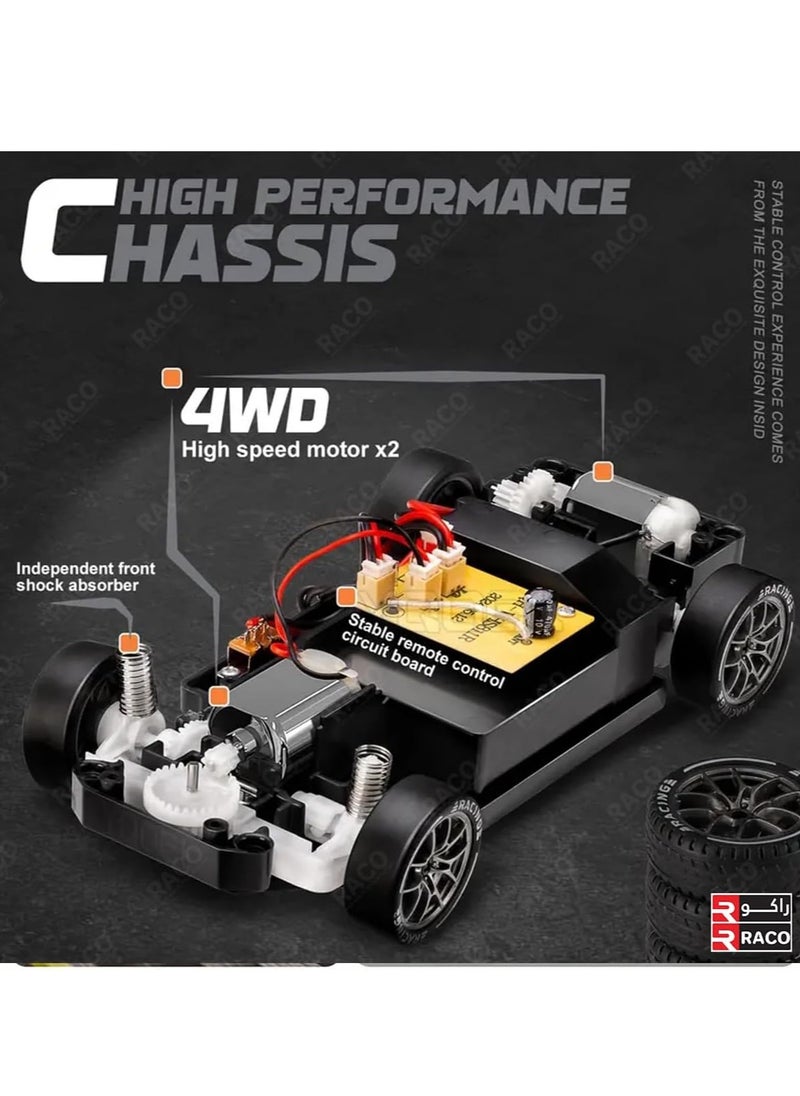 RACO - RACO 1:24 Scale RC Drift Car with Flashing Lights, 2.4GHz 4WD High-Speed Racing Vehicle, Dual Tires Set for Speed & Drift, USB Charging Remote Control Toy for Boys & Girls, Includes Cones & Tools - Image 1
