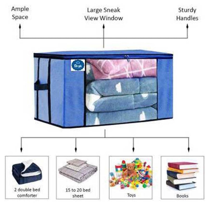SKYLII Underbed Storage Bag Storage Organizer Blanket Storage Bag for Wardrobe Organizer Blanket Cover with a large Transparent Window and Side Handles set of 2 Pc Blue - Image 3