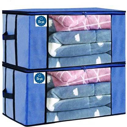 SKYLII Underbed Storage Bag Storage Organizer Blanket Storage Bag for Wardrobe Organizer Blanket Cover with a large Transparent Window and Side Handles set of 2 Pc Blue - Image 1