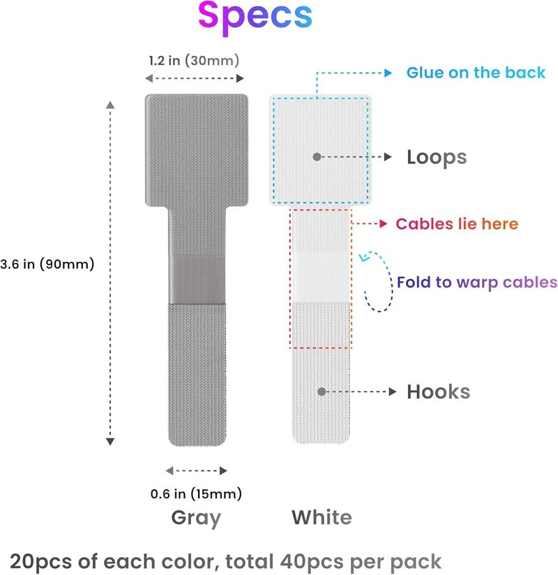 40 Pcs Self Adhesive Cable Ties Wire Organizer - Adjustable Cord Straps for Cable Management - Image 2