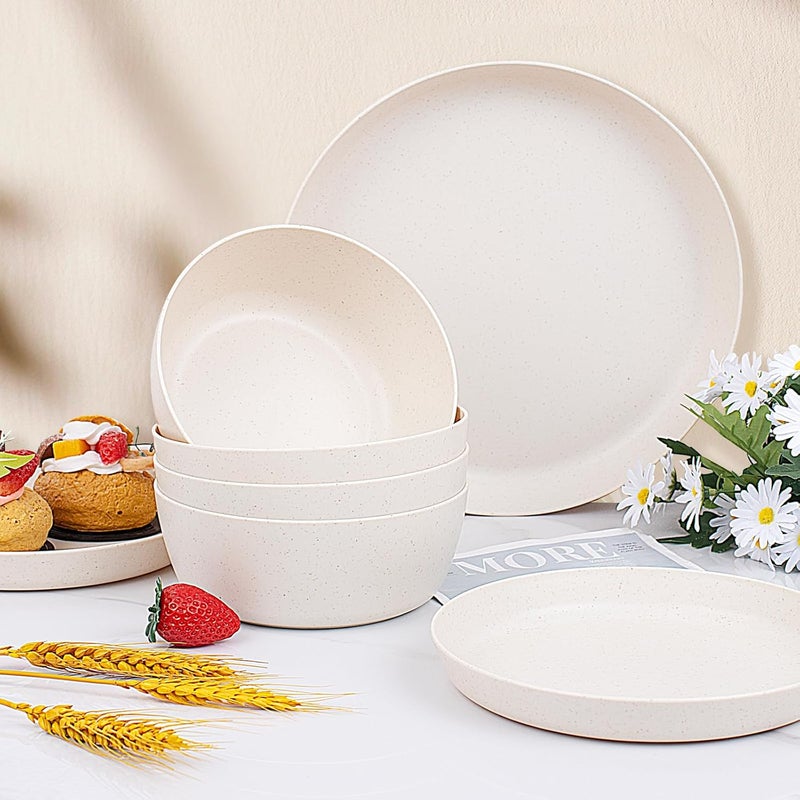 ejonirinjonir EI 12pcs Wheat Straw Dinnerware Set of 4,Reusable Plastic Plates,Unbreakable Dinner Plates,Deep Dinner Hard Premium Plastic Plates,Microwave Dishwasher Safe for Camping,Picninc,Family Dinner - Image 4