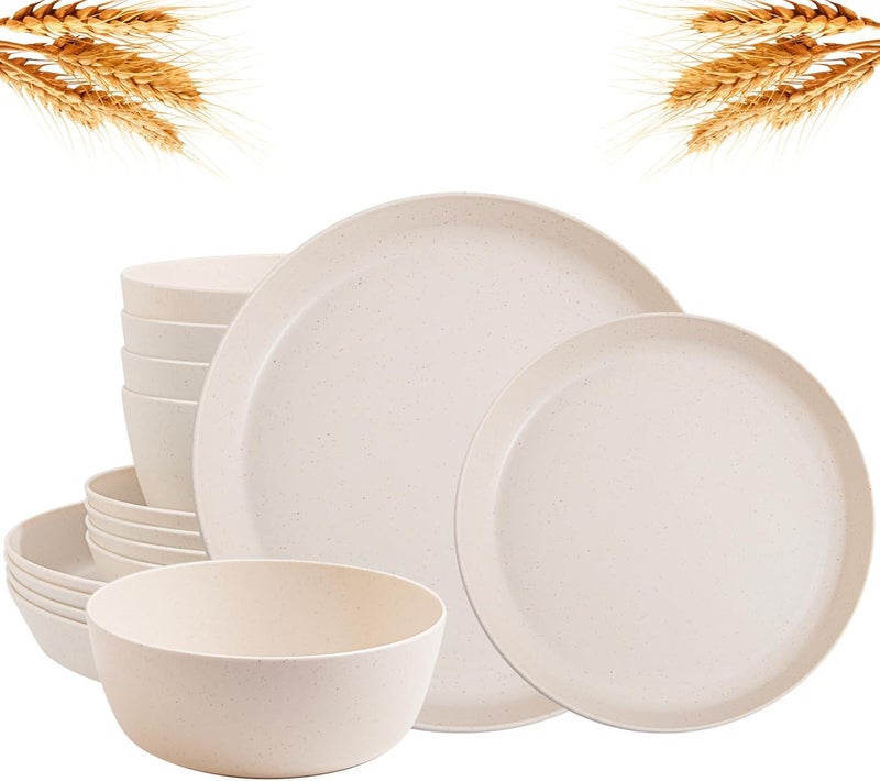 ejonirinjonir EI 12pcs Wheat Straw Dinnerware Set of 4,Reusable Plastic Plates,Unbreakable Dinner Plates,Deep Dinner Hard Premium Plastic Plates,Microwave Dishwasher Safe for Camping,Picninc,Family Dinner - Image 1