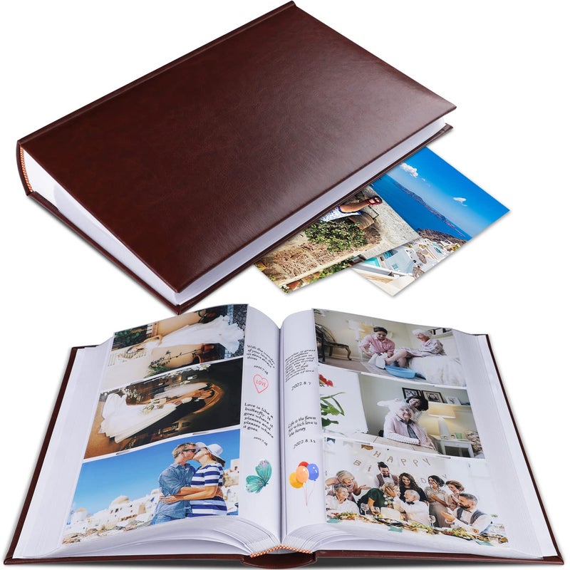 1DOT2 Photo Album 4x6 Photos Hold 402 Pockets with Memo Slip-in Pockets Photo Book  Leather Cover Picture Albums with Writing Space for Wedding Anniversary Family Baby Vacation Mother's Day-RedBrown