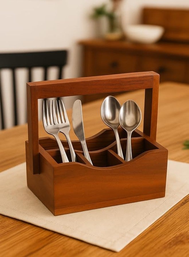 AURKA Acacia Wooden Cutlery Holder with 4 Compartments, 8" Multipurpose Spoon & Fork Stand for Dining Table & Kitchen Organizer - Image 2