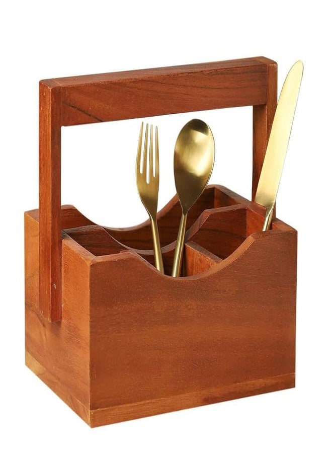AURKA Acacia Wooden Cutlery Holder with 4 Compartments, 8" Multipurpose Spoon & Fork Stand for Dining Table & Kitchen Organizer - Image 1