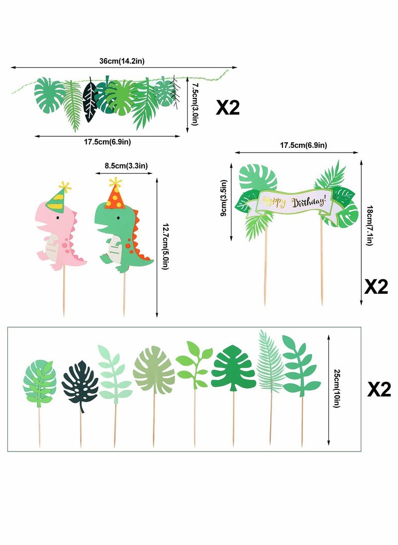 Excefore - 22 Pcs Dinosaur Cake Topper Cupcake Toppers for Wild Animal Theme Birthday Party, Cake Decoration Green Pink Dinosaur Tropical Palm Leaf for Children Shower Birthday Cake Party Decoration - Image 1
