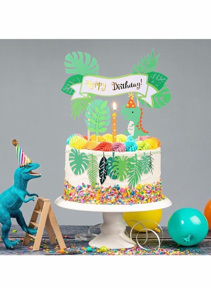 Excefore - 22 Pcs Dinosaur Cake Topper Cupcake Toppers for Wild Animal Theme Birthday Party, Cake Decoration Green Pink Dinosaur Tropical Palm Leaf for Children Shower Birthday Cake Party Decoration - Image 1