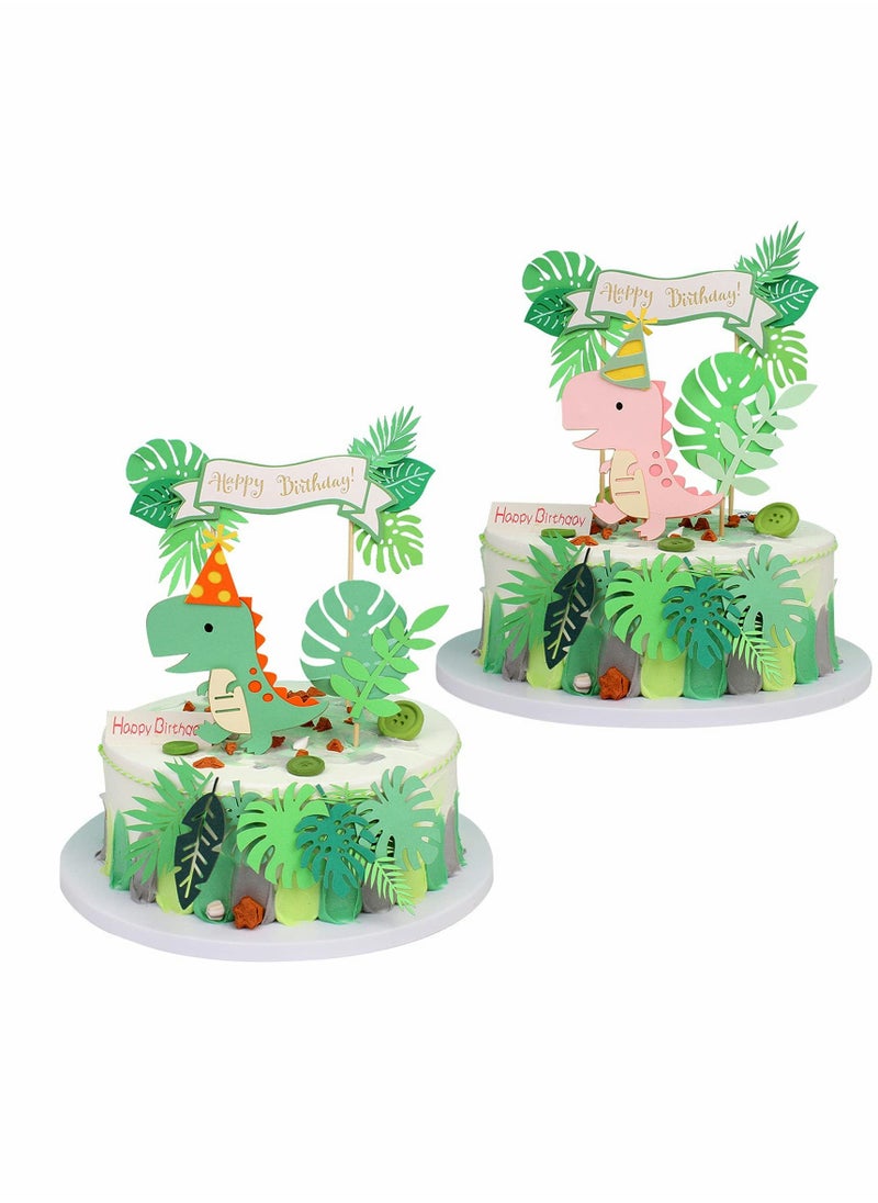 Excefore - 22 Pcs Dinosaur Cake Topper Cupcake Toppers for Wild Animal Theme Birthday Party, Cake Decoration Green Pink Dinosaur Tropical Palm Leaf for Children Shower Birthday Cake Party Decoration - Image 1