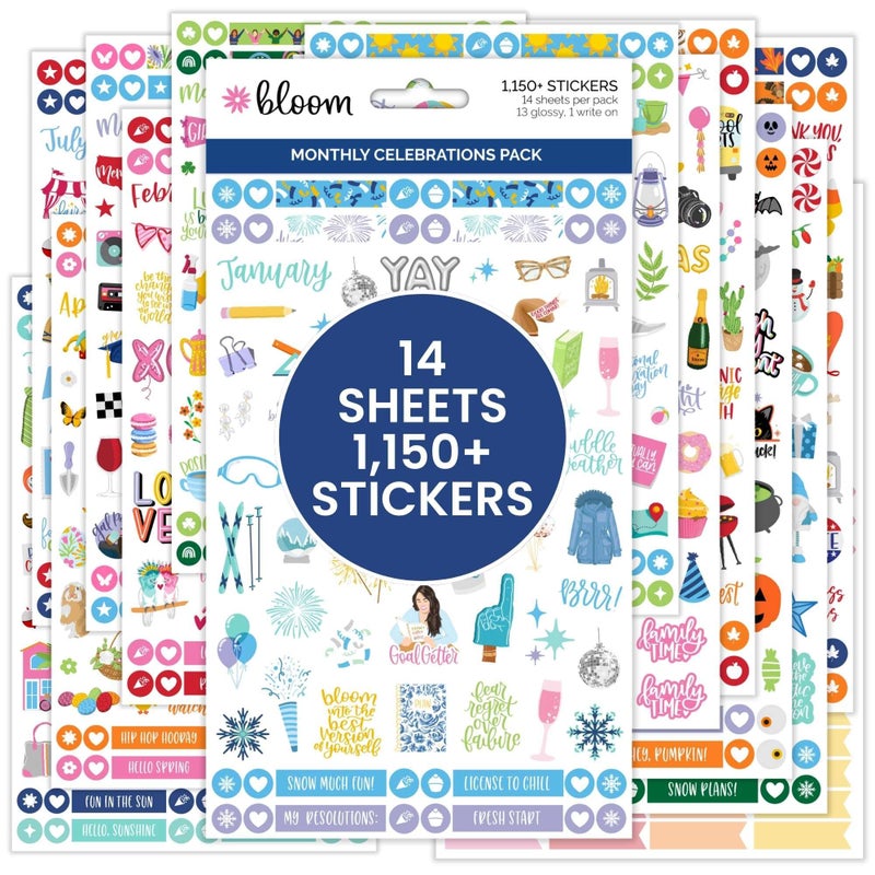 bloom daily planners Monthly Celebrations Planner Stickers for Calendar Decorating Planning Scrapbooking Holiday Seasonal General Events 14 Sheets 1100 Stickers per Pack