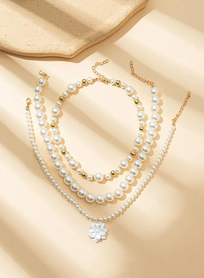 تايك تو Pack of 3 Floral Charm Pearl and Gold Layered Choker Necklaces
