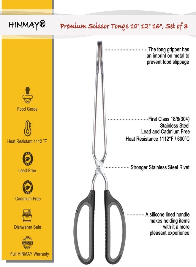 HINMAY Stainless Steel Scissor Tongs Cooking Tongs Set (Black Handle, 10" 12" 16") - Image 2