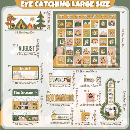 Cholemy 85 Pcs Calendar Bulletin Board Set Classroom Calendar Bulletin Board with Numbers Month Weather Classroom Decorations for Back to School Wall Chalkboard Decor SuppliesCamping Adventure - Image 3