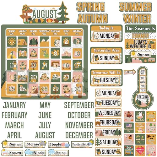 Cholemy 85 Pcs Calendar Bulletin Board Set Classroom Calendar Bulletin Board with Numbers Month Weather Classroom Decorations for Back to School Wall Chalkboard Decor SuppliesCamping Adventure - Image 1
