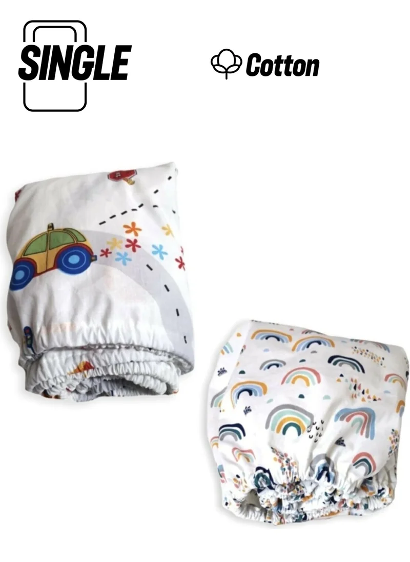 Bebek Özel Baby Special Cotton Baby and Kids Fitted Sheet Traffic and Rainbow 40X80 (2 Pieces)