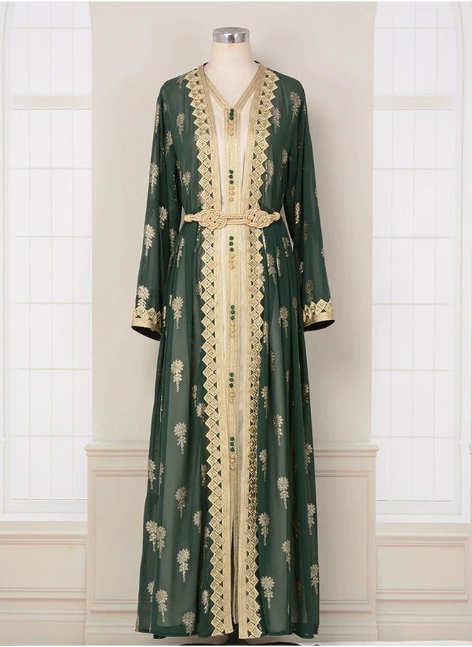 Loquat Ladies Embroidered Robe Long Dress Set Open Front Outer Robe+Inner Skirt+Belt Muslim Abaya Dark Green  - Image 1