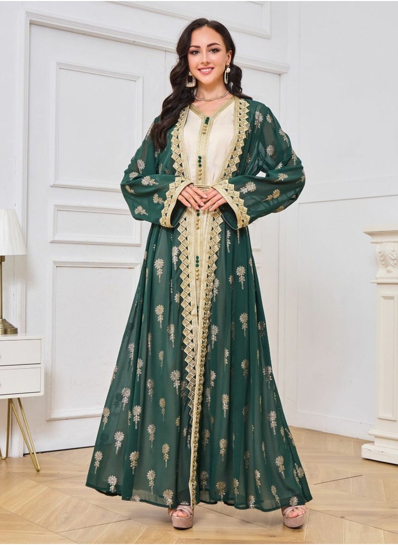 Loquat Ladies Embroidered Robe Long Dress Set Open Front Outer Robe+Inner Skirt+Belt Muslim Abaya Dark Green  - Image 2