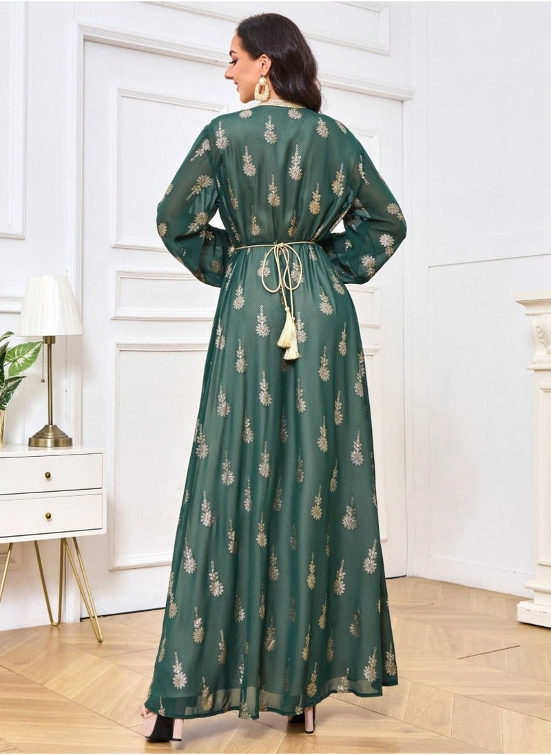 Loquat Ladies Embroidered Robe Long Dress Set Open Front Outer Robe+Inner Skirt+Belt Muslim Abaya Dark Green  - Image 3