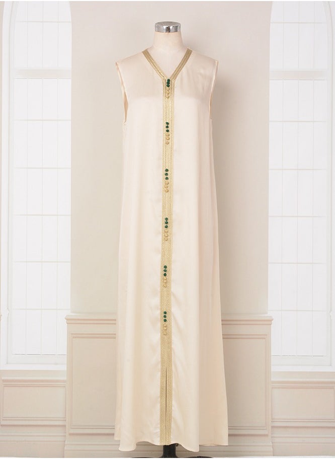 Loquat Ladies Embroidered Robe Long Dress Set Open Front Outer Robe+Inner Skirt+Belt Muslim Abaya Dark Green  - Image 4