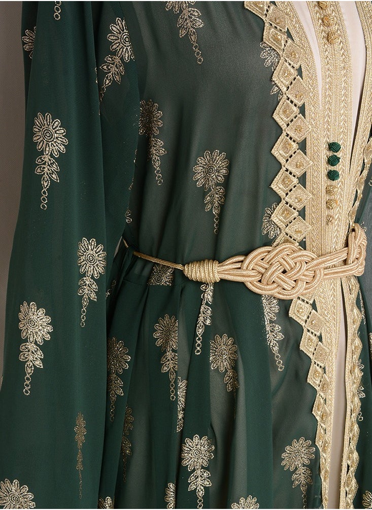 Loquat Ladies Embroidered Robe Long Dress Set Open Front Outer Robe+Inner Skirt+Belt Muslim Abaya Dark Green  - Image 5