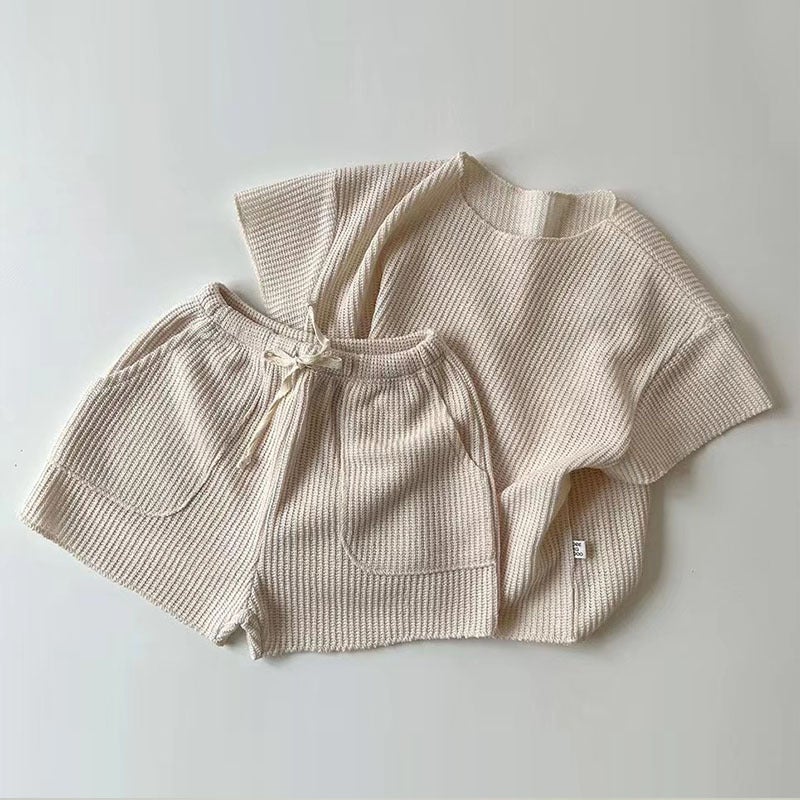 Korean-style Baby Childrens Clothing Fashion Casual Short-sleeved Home Clothes suit Baby Loose Sports Set Two-piece Set Apricot 