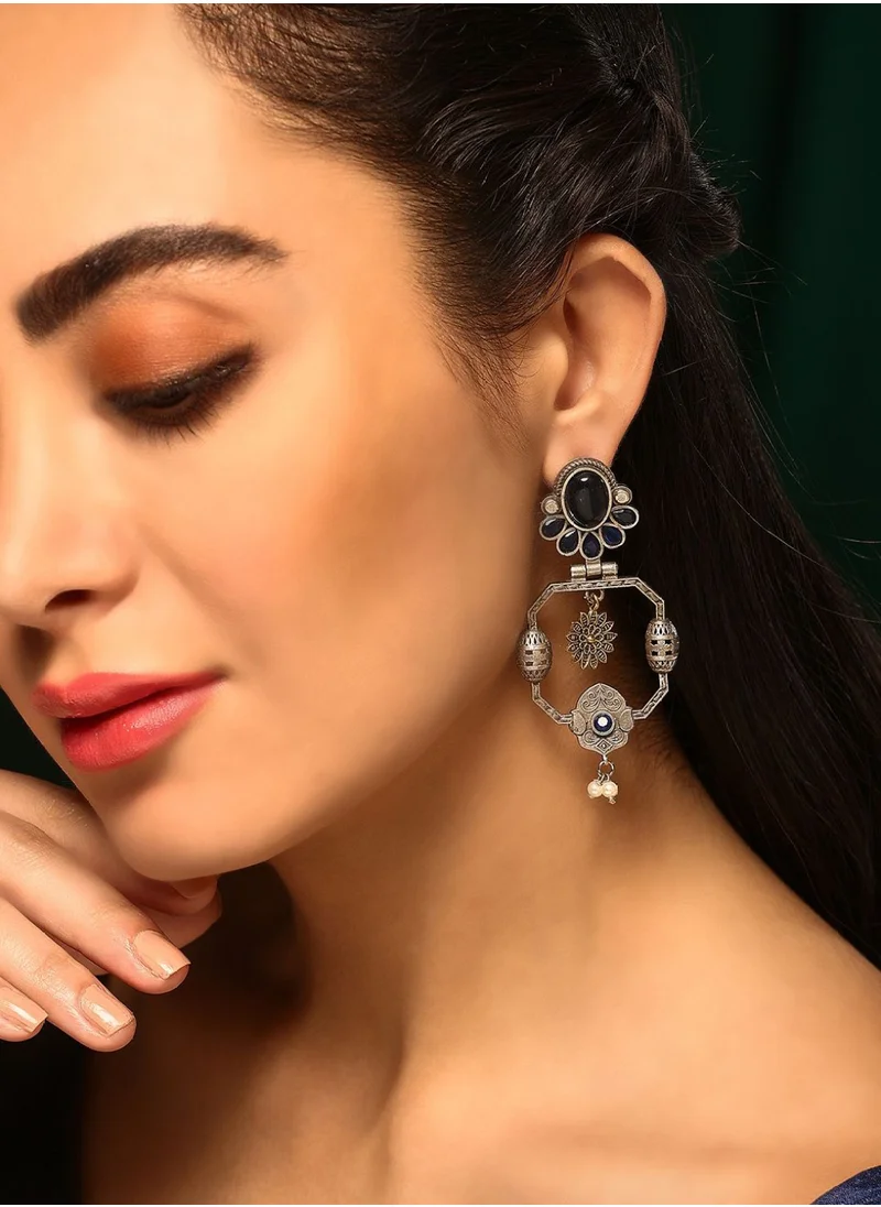 Priyaasi Contemporary Stone Studded  Beaded Oxidised Kemp Drop Earrings