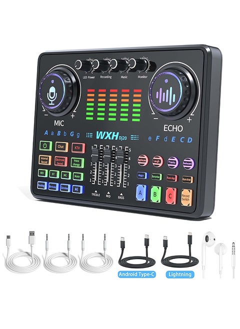 48V Live Sound Card Audio Mixer/Podcast Audio Interface with DJ Mixer Effects/Voice Changer with Sound Effects for Karaoke Tiktok YouTube Live Streaming Record Gaming