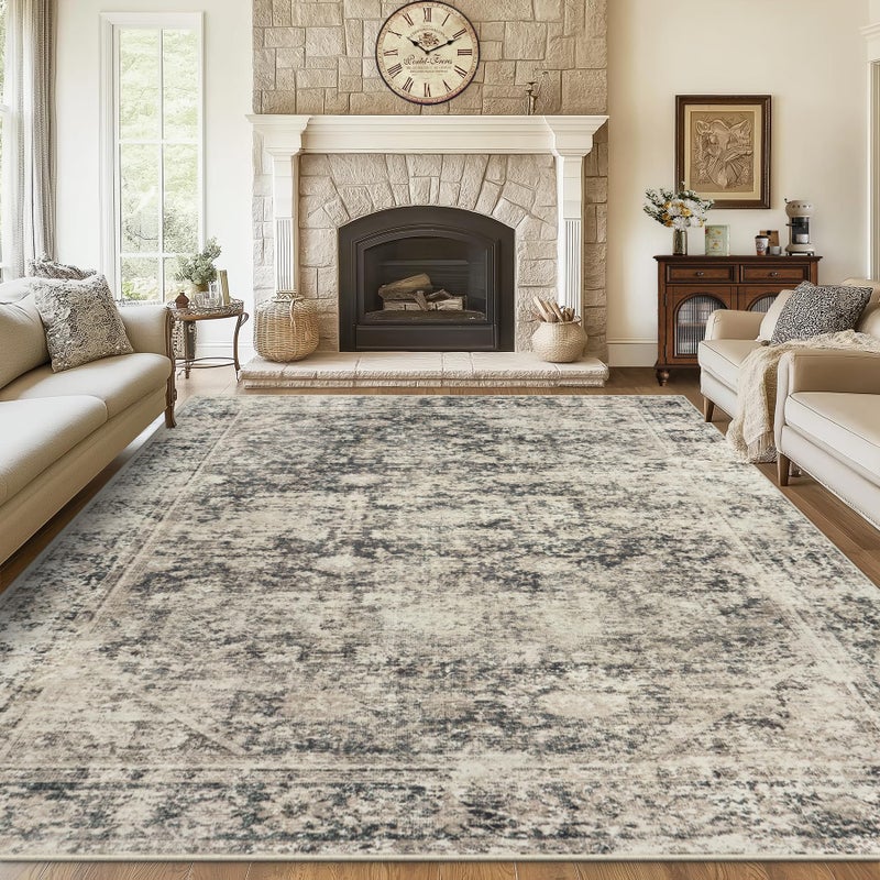 Gent drizz 8x10 Area Rugs Washable Rug: Large Vintage Abstract Living Room Rug Soft Anti-Skid Thin Carpet Indoor Floor Stain Resistant Carpets for Bedroom Dining Farmhouse Nursery Home Office Beige Black - Image 1