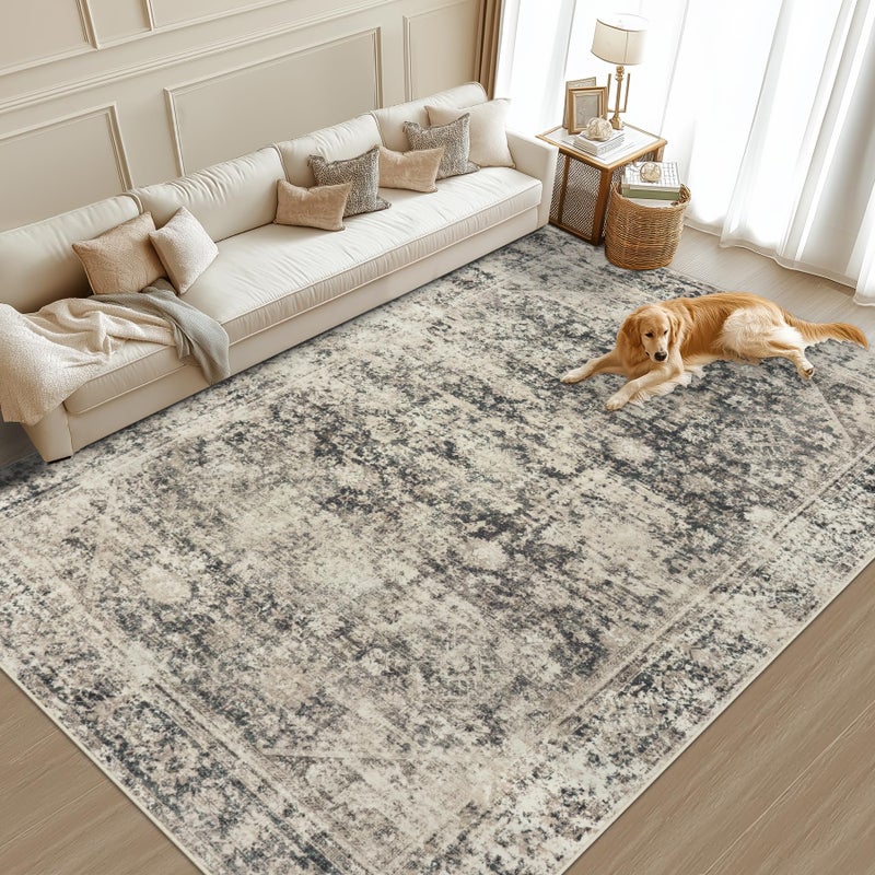 Gent drizz 8x10 Area Rugs Washable Rug: Large Vintage Abstract Living Room Rug Soft Anti-Skid Thin Carpet Indoor Floor Stain Resistant Carpets for Bedroom Dining Farmhouse Nursery Home Office Beige Black - Image 2