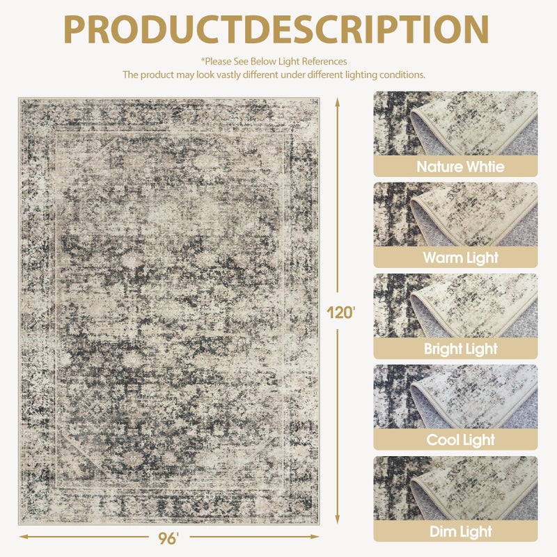 Gent drizz 8x10 Area Rugs Washable Rug: Large Vintage Abstract Living Room Rug Soft Anti-Skid Thin Carpet Indoor Floor Stain Resistant Carpets for Bedroom Dining Farmhouse Nursery Home Office Beige Black - Image 5
