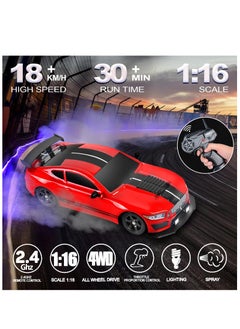 RC Drift Car 1:16 Scale 4WD Remote Control Car, 2.4GHz 18KM/H High Speed Model Vehicle with LED Lights, Spray and Drifting Tire, Racing Car Toy Includes 2 Batteries, Gift for Kids  Boys Girls Adults - pzsku/ZB7D2423CD06E04D985EAZ/45/_/1725678677/c054d3fc-0171-4d23-b072-214065011aba