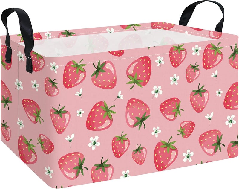 FANKANG Storage Bins,Nursery Hamper Canvas Laundry Basket Foldable with Waterproof PE Coating Storage Baskets for Boys and Girls, Office, Bedroom, Clothes,Toys(Rec-Strawberry - Image 1