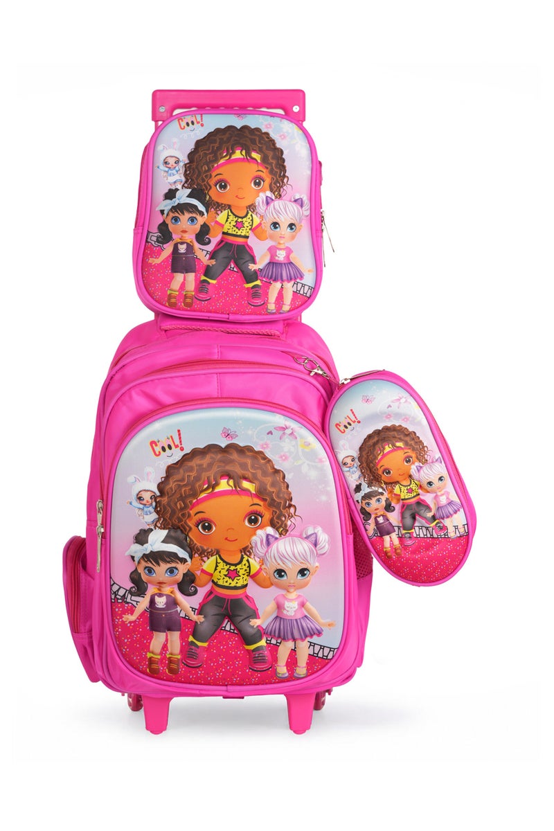 KTMC 3D Cartoon Dancing Girl Triple Set Pen Bag, Lunch Bag, School Trolley Bag for Baby Girls- Fuschia 9908