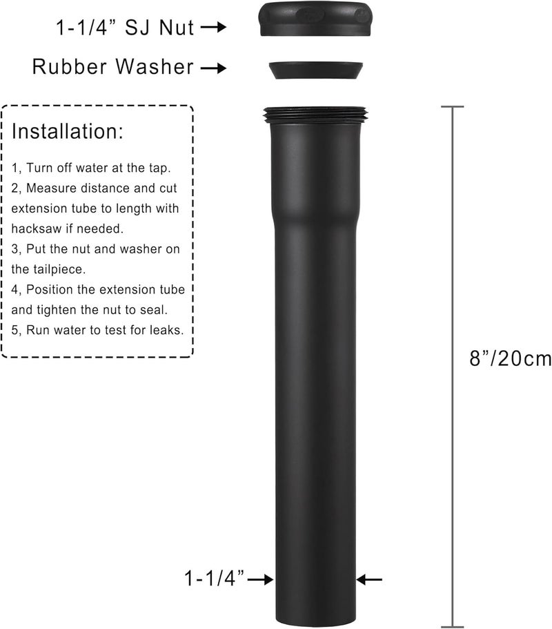 Fipoque 18 Gauge Brass Slip Joint Extension Tube 1-1/4” OD x 8” with Nut and Rubber Washer, P Trap Extension Tube, Sink Drain Tailpiece Tube Extension Heavy Duty, Matte Black - Image 5