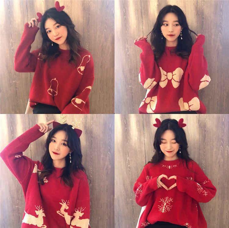 Christmas Red Jacquard Sweater Women Autumn New Knit Top Snowflake - Image 3