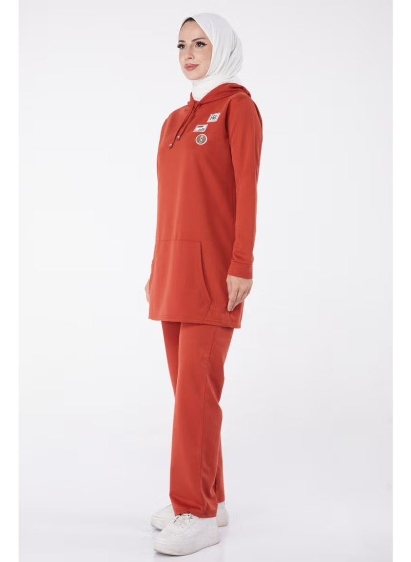 Tofisa Plain Hooded Collar Women's Brick Embroidered Two Piece Suit - 13276 - Image 3