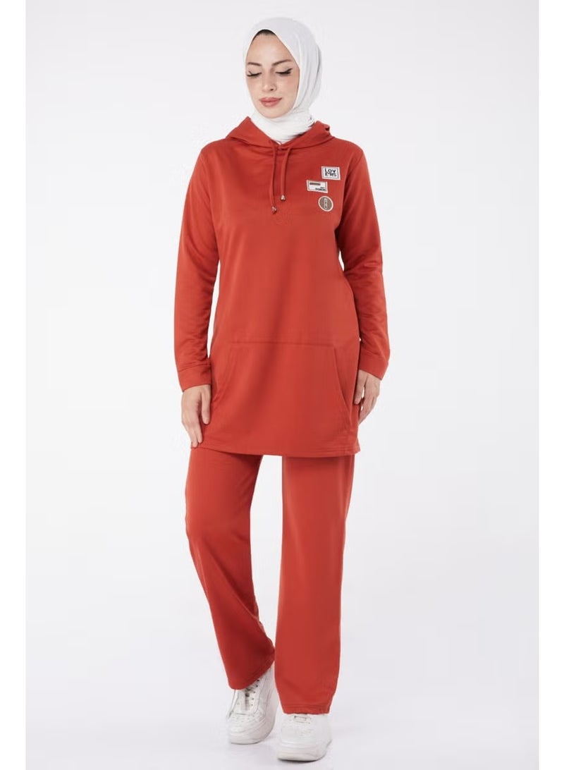 Tofisa Plain Hooded Collar Women's Brick Embroidered Two Piece Suit - 13276 - Image 2
